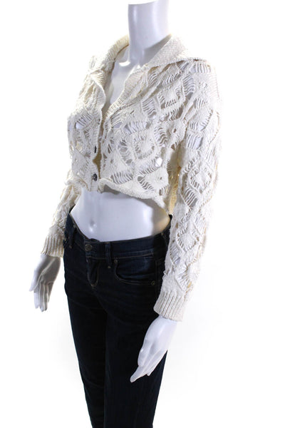 Free People Womens Cotton Open Knit Collared Button Up Crop Top Beige Size S