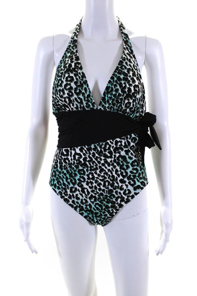 Carmen Marc Valvo Womens Leopard Print Halter One Piece Swimsuit White Size 12