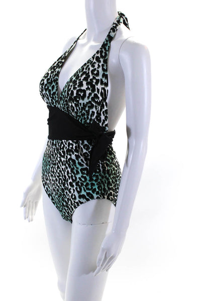 Carmen Marc Valvo Womens Leopard Print Halter One Piece Swimsuit White Size 12