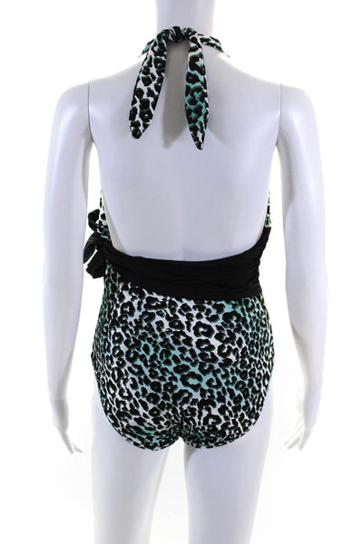 Carmen Marc Valvo Womens Leopard Print Halter One Piece Swimsuit White Size 12