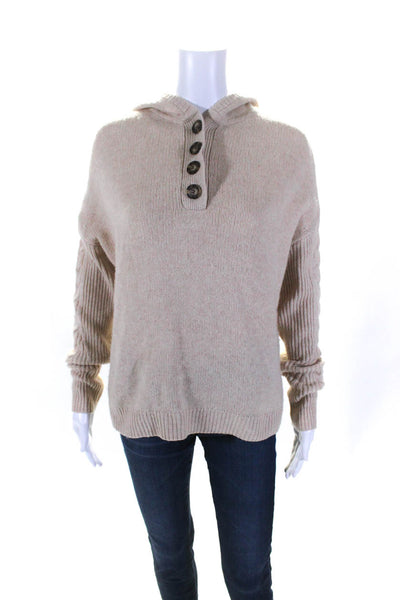 Naadam Womens Wool Knit Long Sleeve V-Neck Henley Hooded Sweater Beige Size S