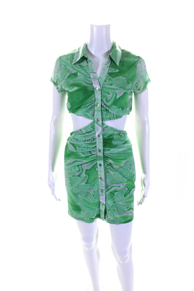 NIA Womens Abstract Print Mesh Cutout Button Down Dress Green Size S