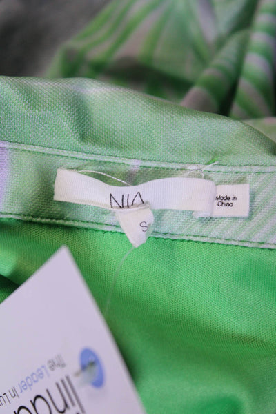 NIA Womens Abstract Print Mesh Cutout Button Down Dress Green Size S