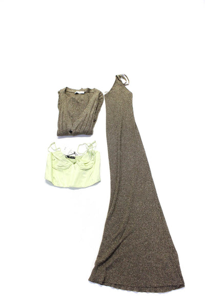 Zara Womens Metallic Ribbed 2 Piece Slip Dress Sweater Set Brown Size S M Lot 2