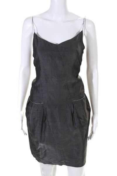 Nina Ricci Womens Silk Metallic Trim V Neck Knee Length Shift Dress Gray Size 38