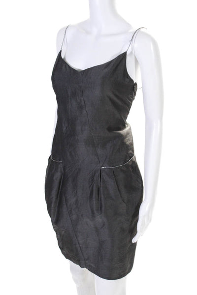 Nina Ricci Womens Silk Metallic Trim V Neck Knee Length Shift Dress Gray Size 38