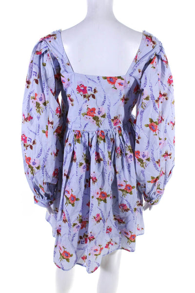 Love Shack Fancy Womens Cotton Floral Square Neck Puff Sleeve Dress Blue Size 4