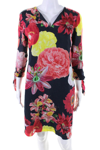 Vilagallo Womens Cotton Floral Round Neck Long Sleeve Dress Multicolor Size 42