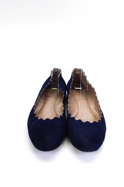 Chloe Womens Suede Wavy Trim Round Toe Slip On Ballerina Flats Navy Size 37 7