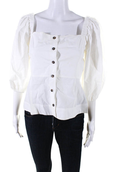 Ganni Women's Square Nek Puff Sleeves Button Up Cotton Blouse White Size 2
