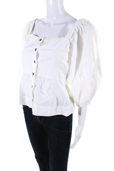 Ganni Women's Square Nek Puff Sleeves Button Up Cotton Blouse White Size 2