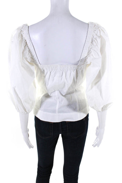 Ganni Women's Square Nek Puff Sleeves Button Up Cotton Blouse White Size 2