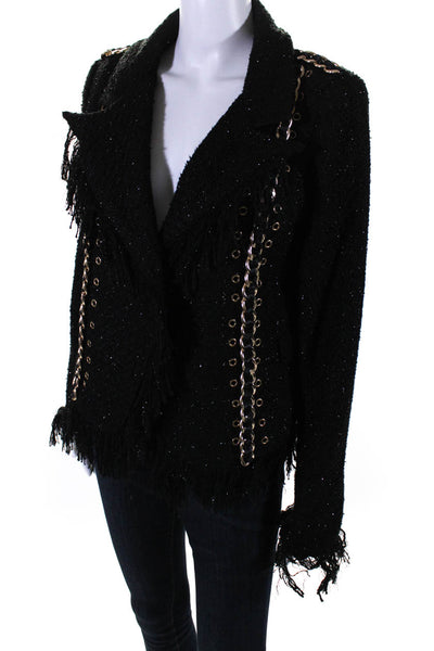 Beulah Womens Metallic Tweed Fringe Open Front Blazer Jacket Black Size Medium