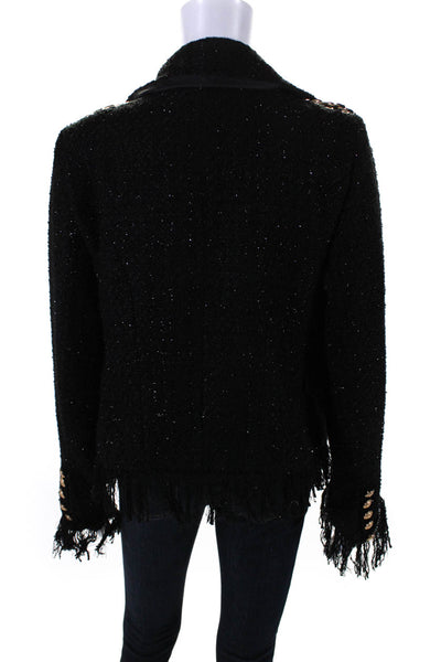 Beulah Womens Metallic Tweed Fringe Open Front Blazer Jacket Black Size Medium
