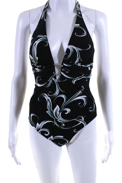 Carmen Marc Valvo Womens Swirl Print Halter Ring One Piece Swimsuit Black Size 8