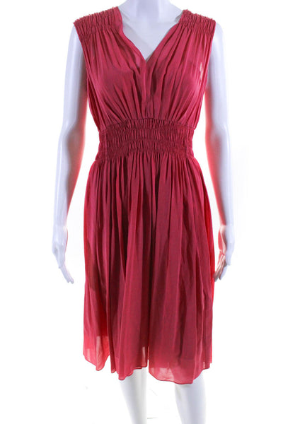 DKNY Womens Silk Layered Stretch Waist V-Neck Sleeveless Midi Dress Pink Size 0