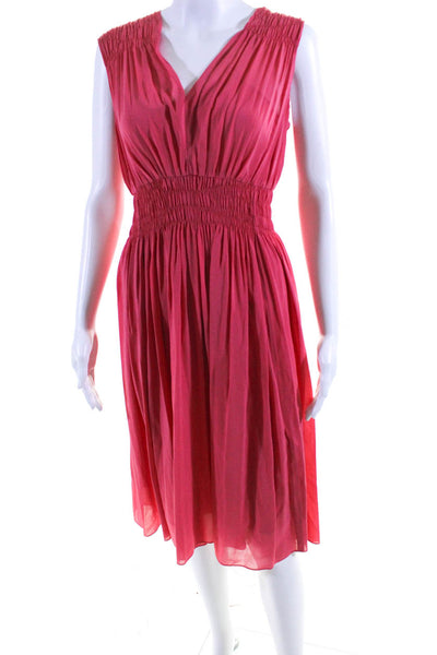 DKNY Womens Silk Layered Stretch Waist V-Neck Sleeveless Midi Dress Pink Size 0