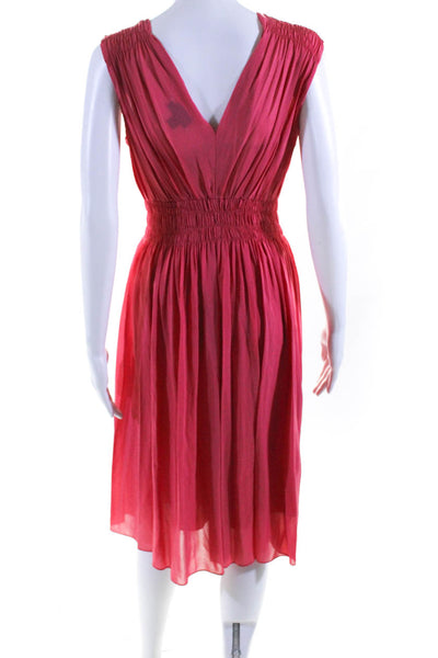 DKNY Womens Silk Layered Stretch Waist V-Neck Sleeveless Midi Dress Pink Size 0