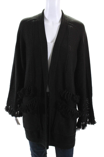 Kobi Halperin Womens Merino Wool Fringe Trim Open Sweater Cardigan Black Size L