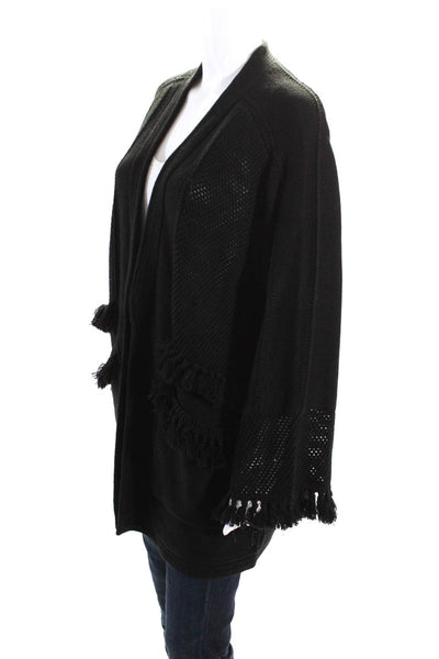 Kobi Halperin Womens Merino Wool Fringe Trim Open Sweater Cardigan Black Size L