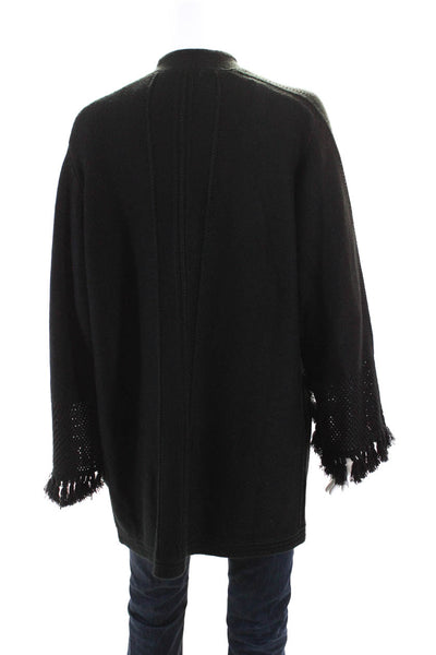 Kobi Halperin Womens Merino Wool Fringe Trim Open Sweater Cardigan Black Size L