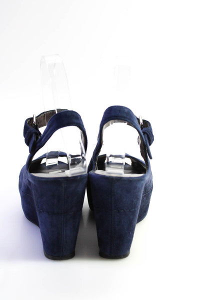 Stuart Weitzman Women's Open Toe Suede Wedge Ankle Buckle Sandals Blue Size 4