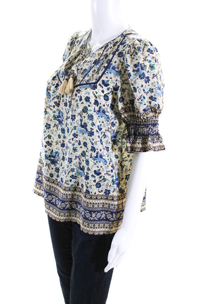 Sea Women's Round Neck Long Sleeves Floral Silk Blue Blouse Size 0