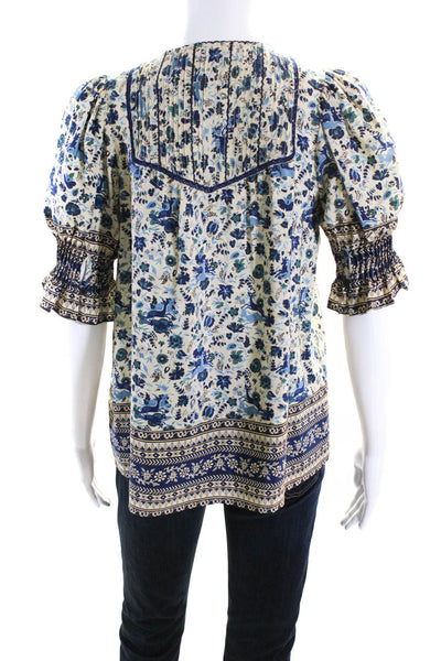 Sea Women's Round Neck Long Sleeves Floral Silk Blue Blouse Size 0