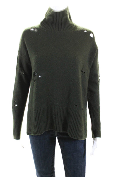 Autumn Cashmere Women's Turtleneck Long Sleeves Distress Sweater Green S