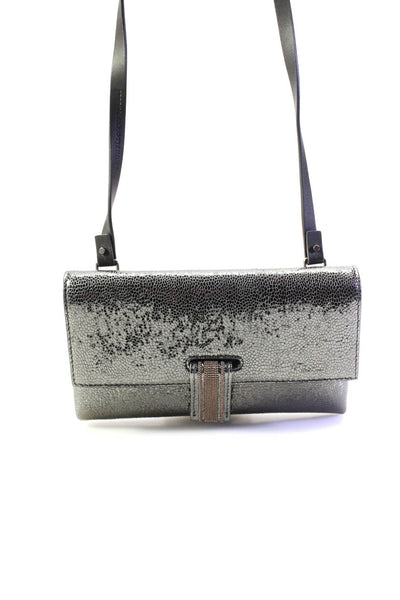 Brunello Cucinelli Metallic Monili Flap Wallet On Strap Clutch Handbag Silver
