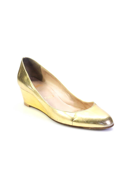 Christian Louboutin Womens Wedge Heel Patent Leather Pumps Gold Tone Size 39