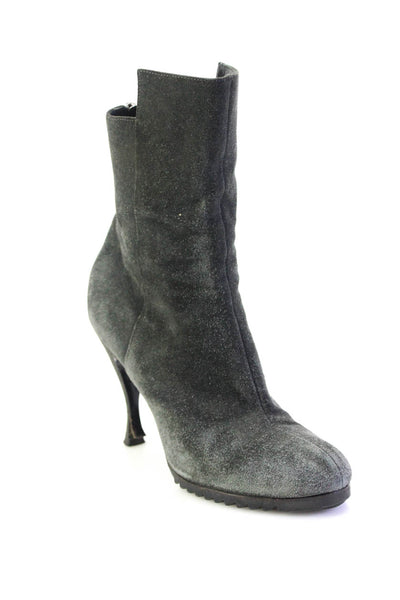 Balenciaga Womens Suede Notched Spool Heel Mid-Calf Boots Dark Gray Size 7.5US