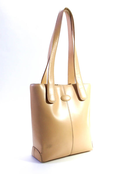 Tods Womens Smooth Leather Top Handle Tote Shoulder Bag Handbag Beige