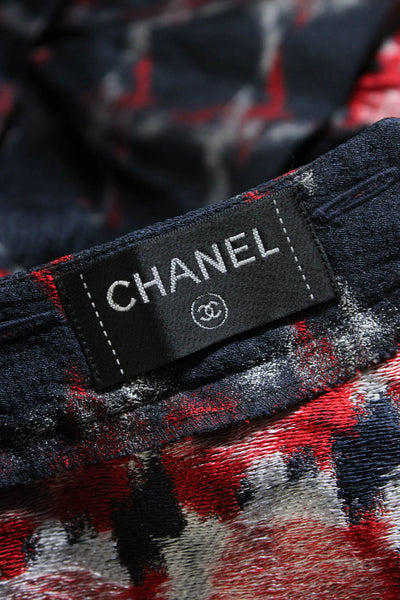 Chanel Womens Satin Jacquard Ruffle Frill Dickey Collar Navy Blue Red Wool