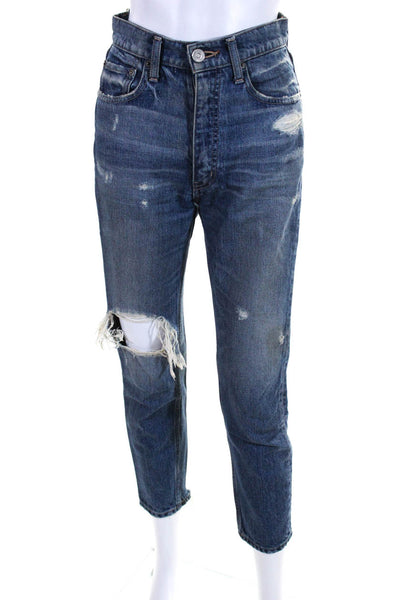 Moussy Womens Mid Rise Distressed Cropped Slim Leg Jeans Pants Blue Size 24