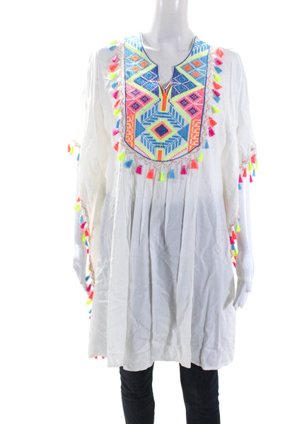 La Moda Womens Tassel Trim Batwing Sleeve Split Hem Tunic Top White Size OS