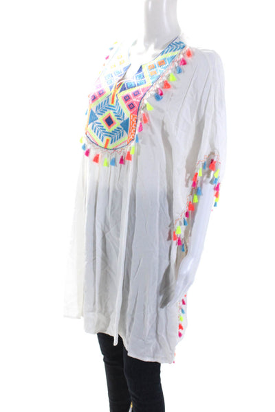 La Moda Womens Tassel Trim Batwing Sleeve Split Hem Tunic Top White Size OS