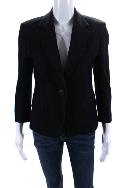 Sharis Womens Blue Dark Wash Cotton One Button Long Sleeve Denim Blazer Size 42