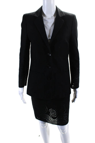 Bazar Christian Lacroix Womens Wool Notched Collar Blazer Skirt Suit Black 38