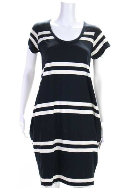 Aqua Maritime Womens Short Sleeve Striped Midi Tee Shirt Dress Navy White Medium