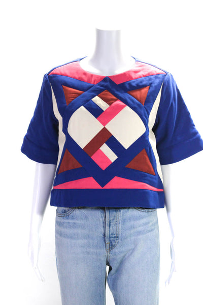 & Other Stories Womens Geometric Colorblock Short Sleeve Zip Blouse Blue Size 8