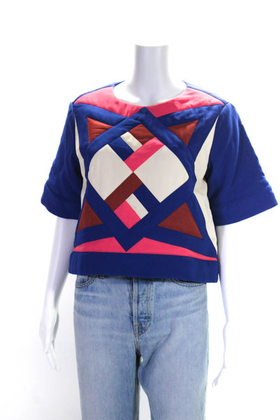 & Other Stories Womens Geometric Colorblock Short Sleeve Zip Blouse Blue Size 8