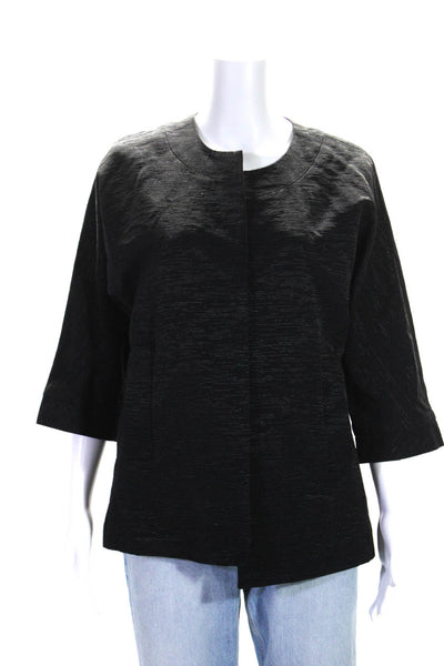 Eileen Fisher Womens 3/4 Sleeve Open Front Boxy Jacket Black Cotton Size Small