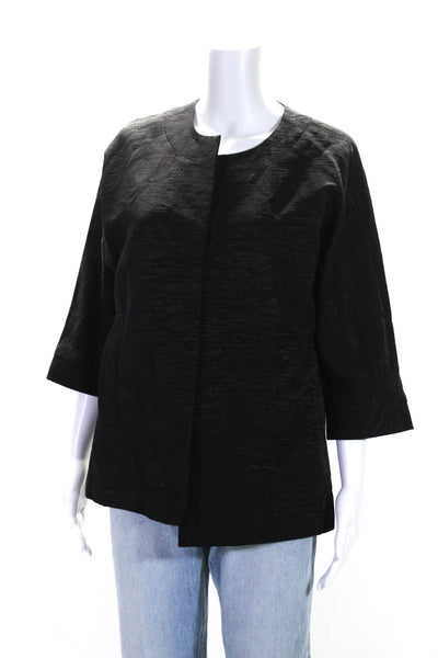 Eileen Fisher Womens 3/4 Sleeve Open Front Boxy Jacket Black Cotton Size Small