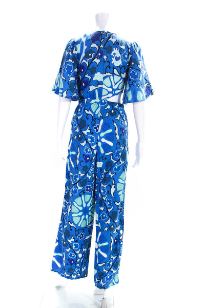 Rhode x Target Womens Cutout Bodice Short Sleeve Floral Jumpsuit Blue Linen XXS