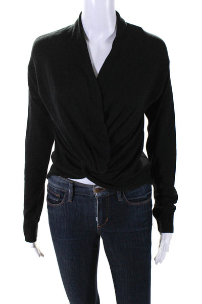 Roi Womens Ruched Tied Knot V-Neck Long Sleeve Sweater Blouse Black Size S