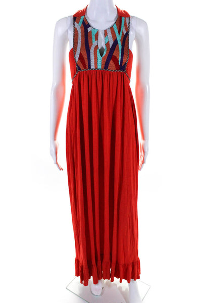 T Bags Los Angeles Womens Embroidered Striped Tassel Tied Maxi Dress Red Size S