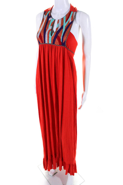 T Bags Los Angeles Womens Embroidered Striped Tassel Tied Maxi Dress Red Size S