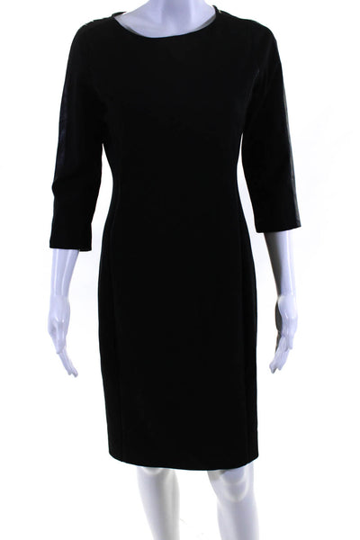 Elie Tahari Womens Navy Leather Trim Crew Neck 3/4 Sleeve Shift Dress Size 4