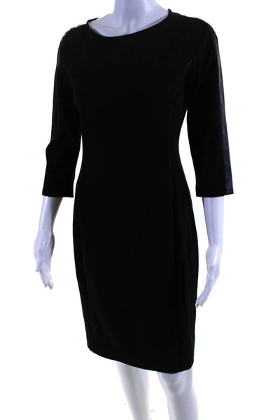 Elie Tahari Womens Navy Leather Trim Crew Neck 3/4 Sleeve Shift Dress Size 4